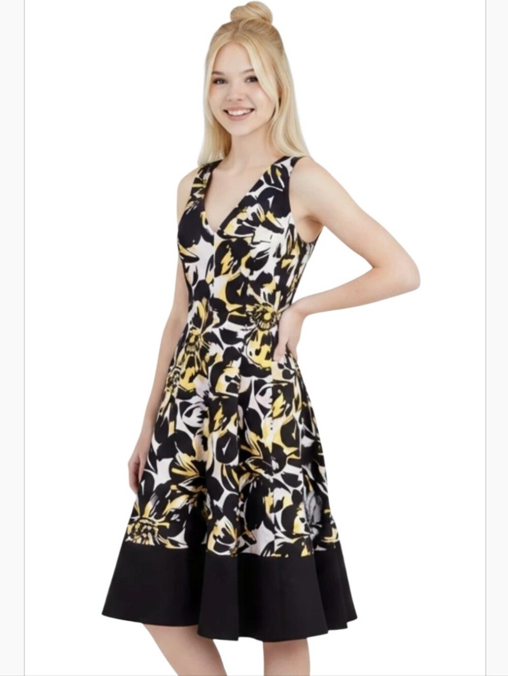 Nine West Black and Yellow Floral V-Neck Midi Dress Sz 10 M,  READ